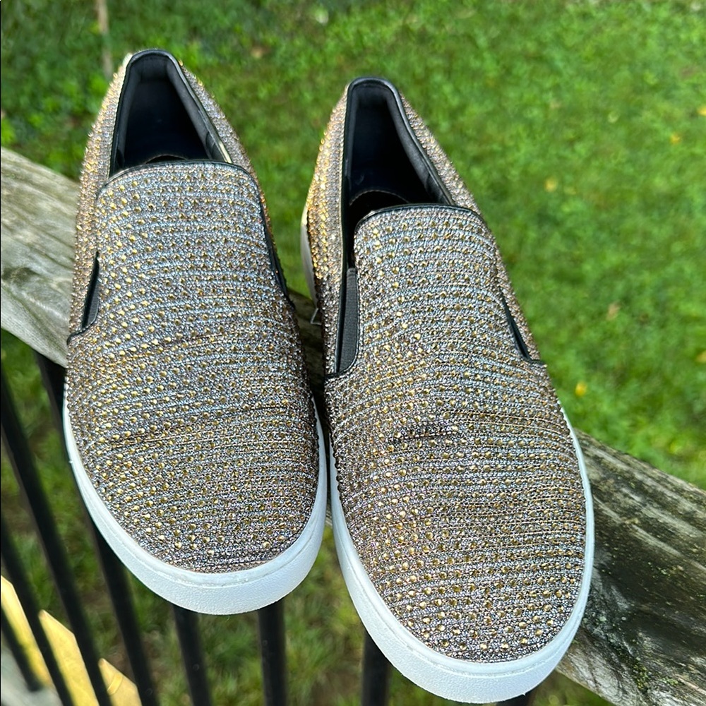 Michael Kors Womens Gold & Black Glitter Slip-On Sneakers Size 11